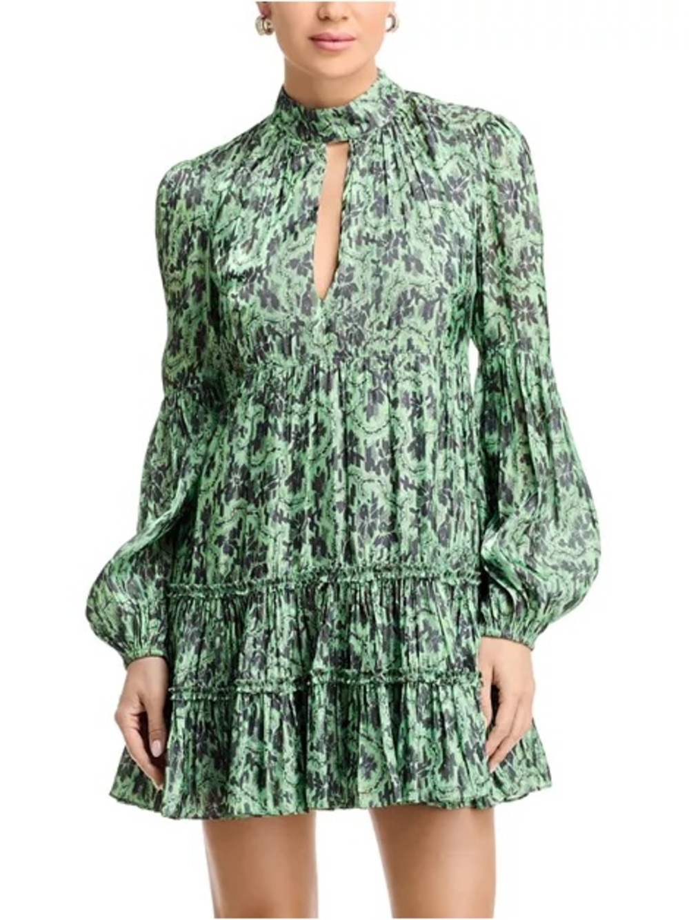 Cinq à Sept Green Printed Tiered Mini Dress | Romantic Puff Sleeve | Size Large